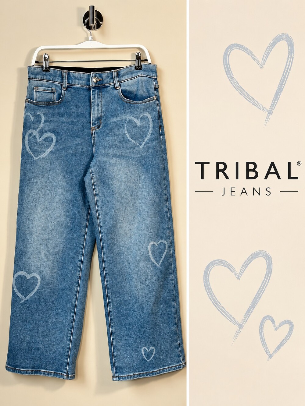 Tribal Jeans Heart Print Wide Leg Jeans Size 10 High Rise Blue Denim